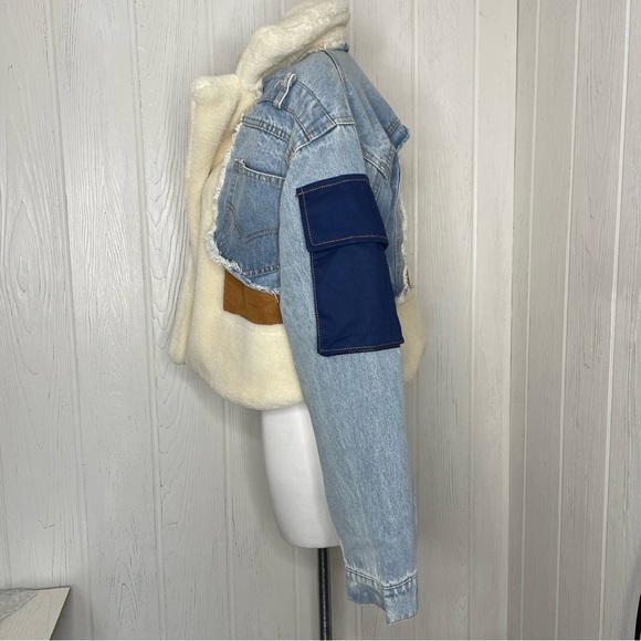 NWT BIDA Denim Patchwork Jacket Large Vegan Sherpa Coat Faux Suede Cropped NEW - Picture 3 of 10